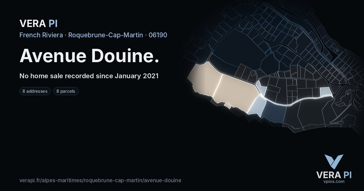 Avenue Douine, Roquebrune-Cap-Martin at night – every parcel coloured by the prices around it, the street's own parcels lit