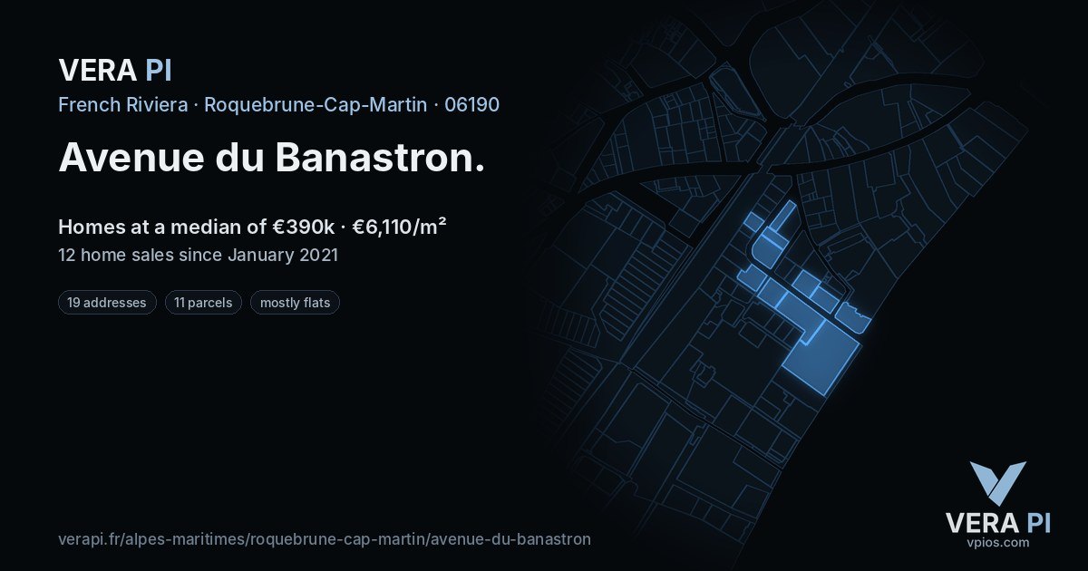 Avenue du Banastron, Roquebrune-Cap-Martin at night – every parcel coloured by the prices around it, the street's own parcels lit