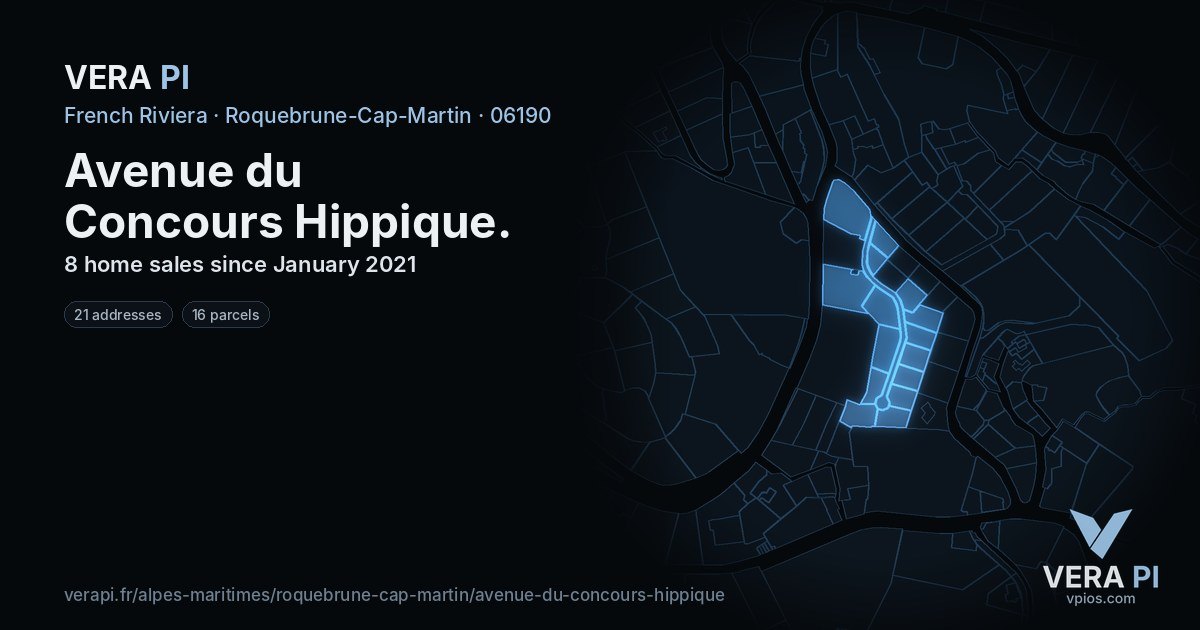 Avenue du Concours Hippique, Roquebrune-Cap-Martin at night – every parcel coloured by the prices around it, the street's own parcels lit