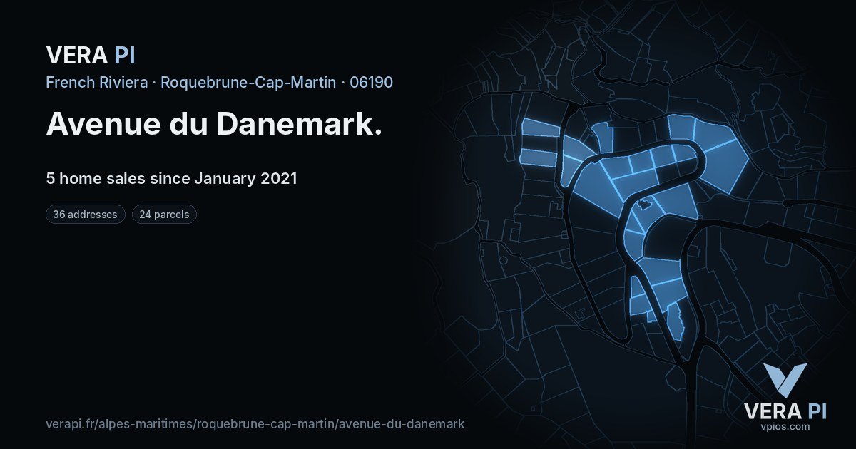 Avenue du Danemark, Roquebrune-Cap-Martin at night – every parcel coloured by the prices around it, the street's own parcels lit
