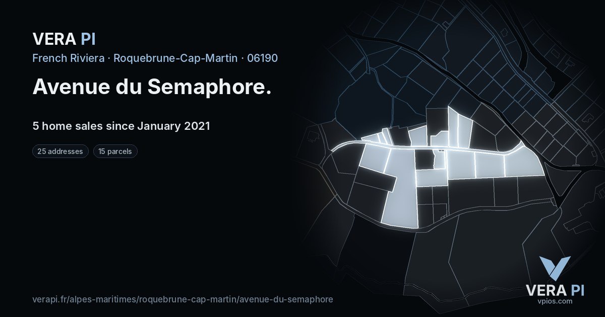 Avenue du Semaphore, Roquebrune-Cap-Martin at night – every parcel coloured by the prices around it, the street's own parcels lit