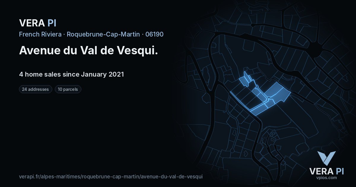 Avenue du Val de Vesqui, Roquebrune-Cap-Martin at night – every parcel coloured by the prices around it, the street's own parcels lit
