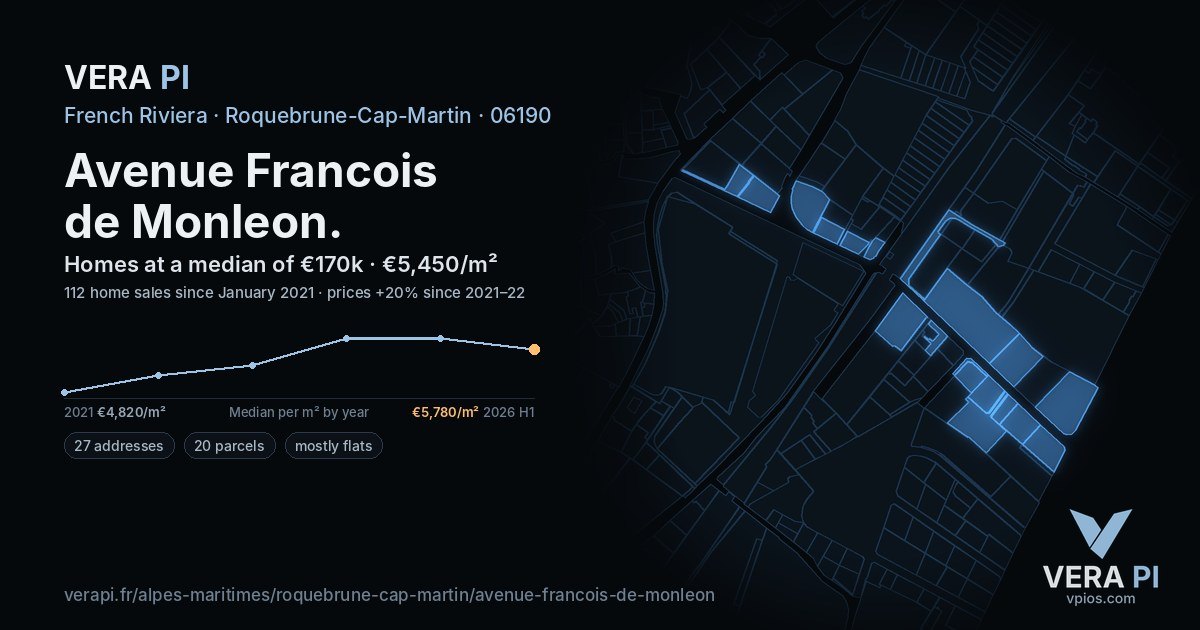 Avenue Francois de Monleon, Roquebrune-Cap-Martin at night – every parcel coloured by the prices around it, the street's own parcels lit