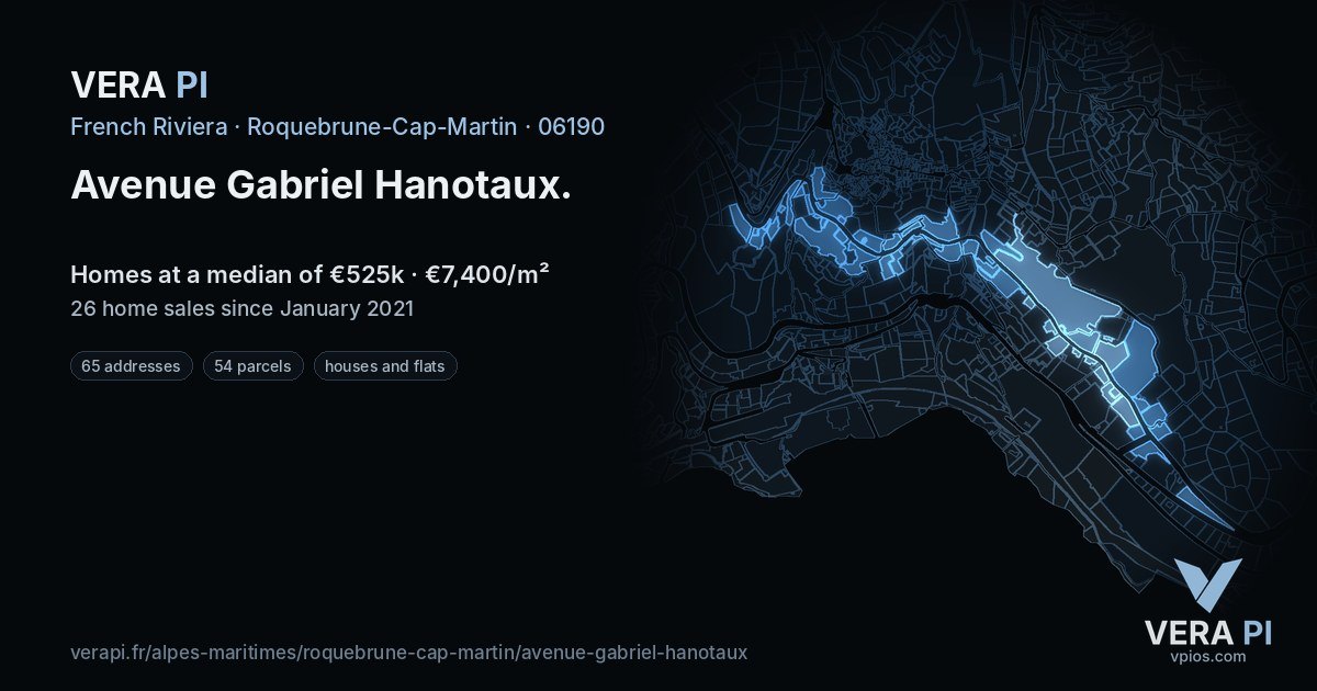 Avenue Gabriel Hanotaux, Roquebrune-Cap-Martin at night – every parcel coloured by the prices around it, the street's own parcels lit