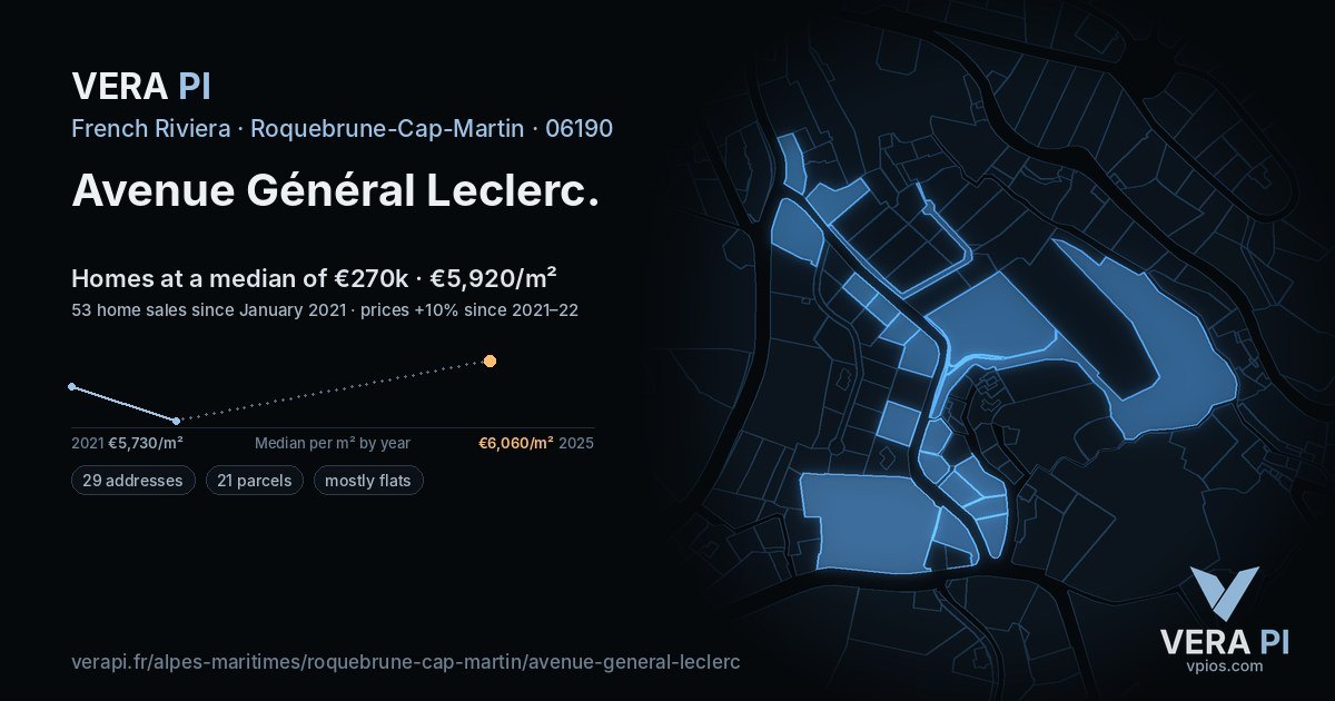 Avenue Général Leclerc, Roquebrune-Cap-Martin at night – every parcel coloured by the prices around it, the street's own parcels lit