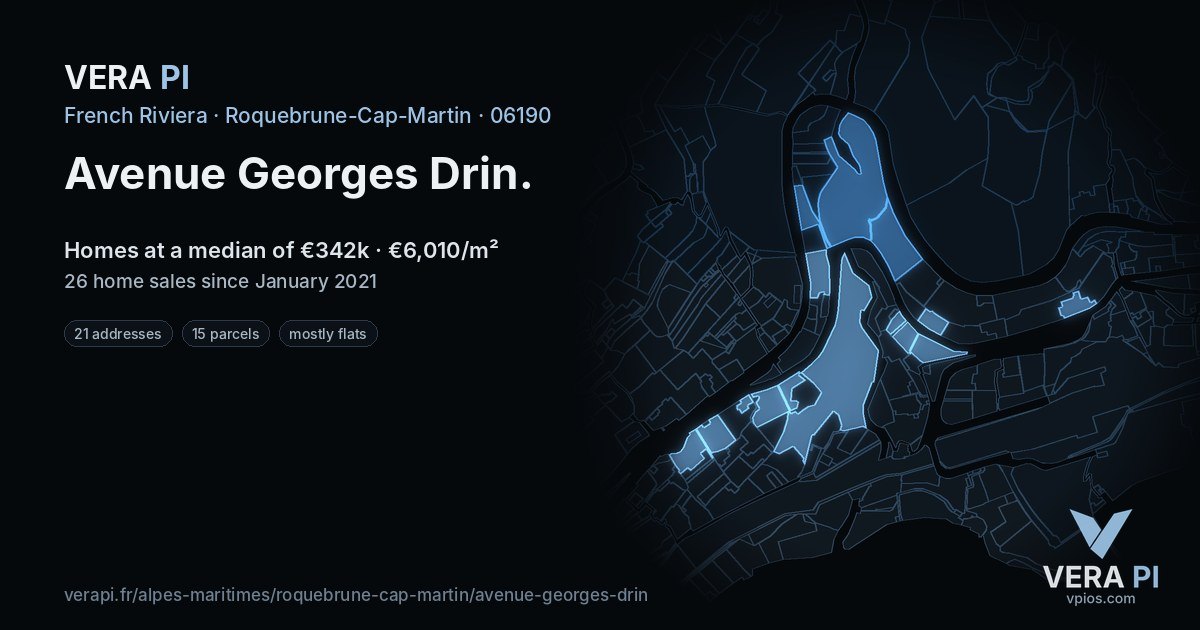 Avenue Georges Drin, Roquebrune-Cap-Martin at night – every parcel coloured by the prices around it, the street's own parcels lit