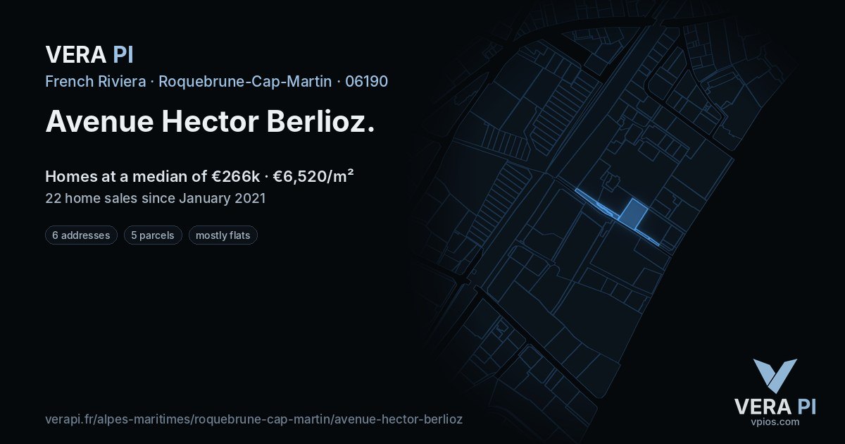 Avenue Hector Berlioz, Roquebrune-Cap-Martin at night – every parcel coloured by the prices around it, the street's own parcels lit