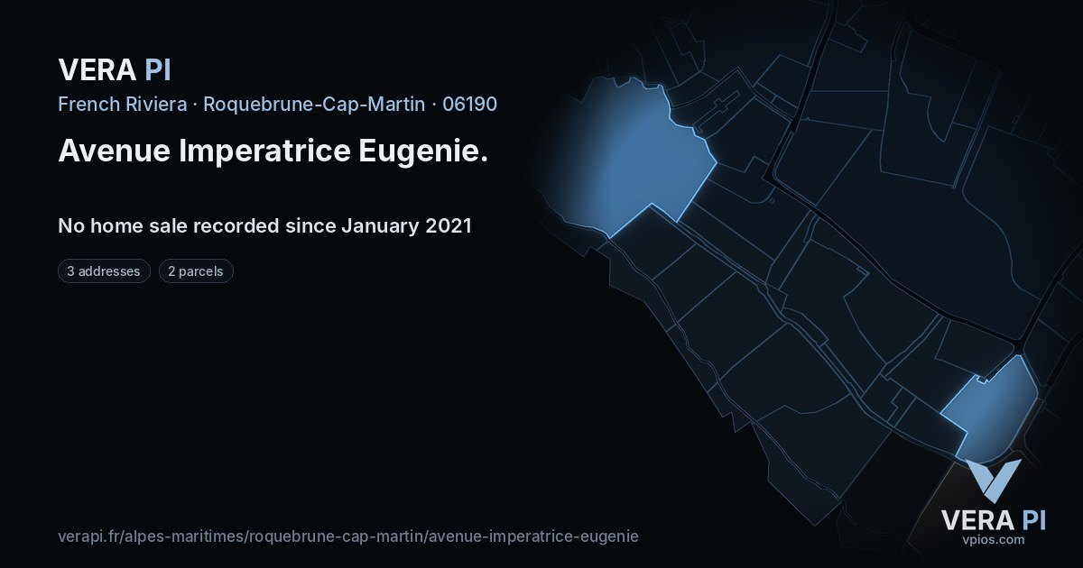 Avenue Imperatrice Eugenie, Roquebrune-Cap-Martin at night – every parcel coloured by the prices around it, the street's own parcels lit