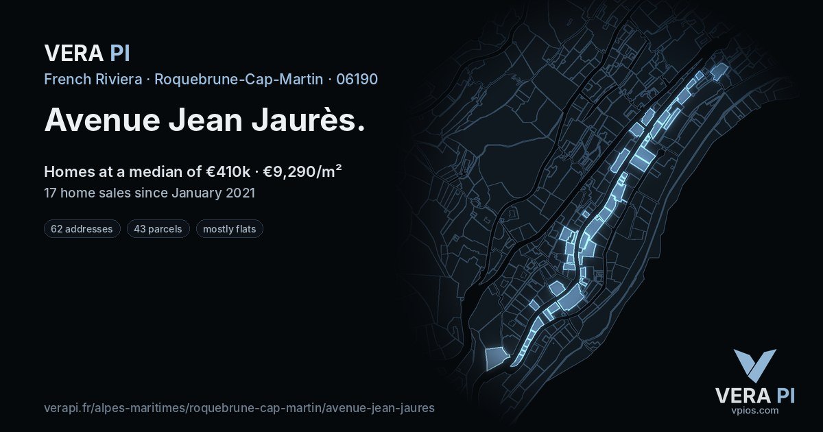 Avenue Jean Jaurès, Roquebrune-Cap-Martin at night – every parcel coloured by the prices around it, the street's own parcels lit