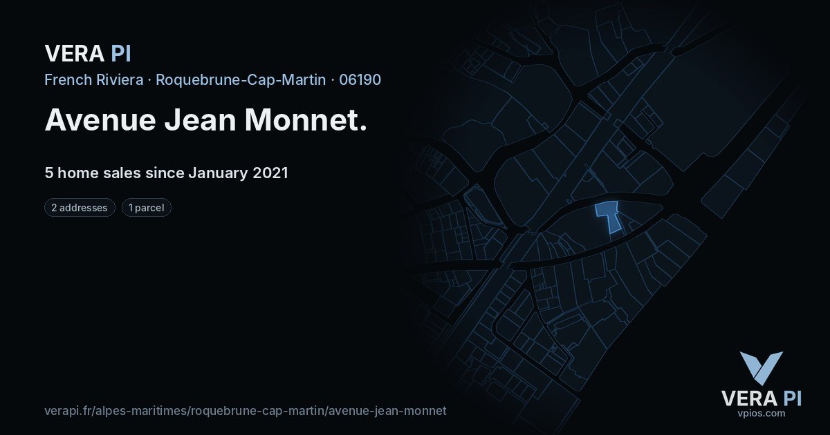 Avenue Jean Monnet, Roquebrune-Cap-Martin at night – every parcel coloured by the prices around it, the street's own parcels lit
