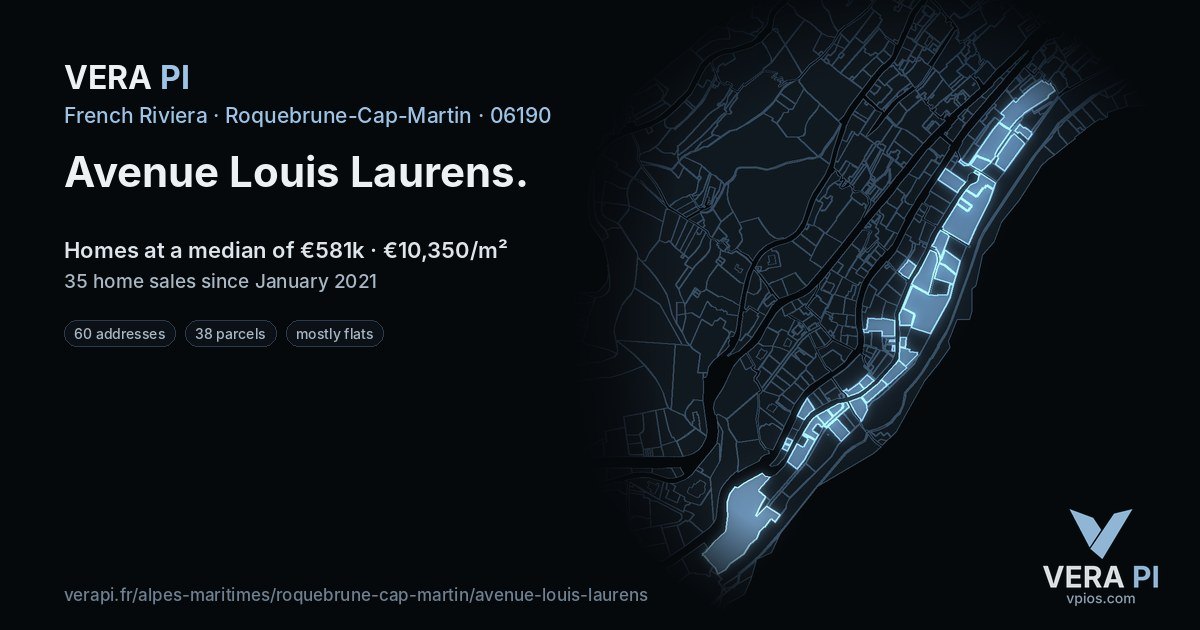 Avenue Louis Laurens, Roquebrune-Cap-Martin at night – every parcel coloured by the prices around it, the street's own parcels lit