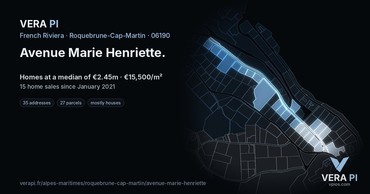 Avenue Marie Henriette, Roquebrune-Cap-Martin at night – every parcel coloured by the prices around it, the street's own parcels lit