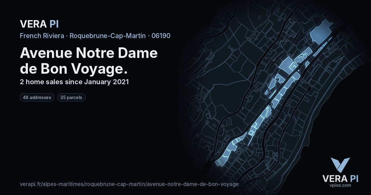 Avenue Notre Dame de Bon Voyage, Roquebrune-Cap-Martin at night – every parcel coloured by the prices around it, the street's own parcels lit
