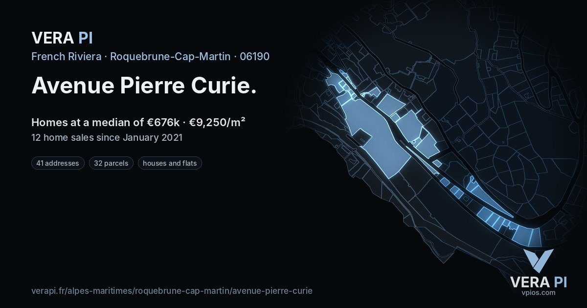 Avenue Pierre Curie, Roquebrune-Cap-Martin at night – every parcel coloured by the prices around it, the street's own parcels lit