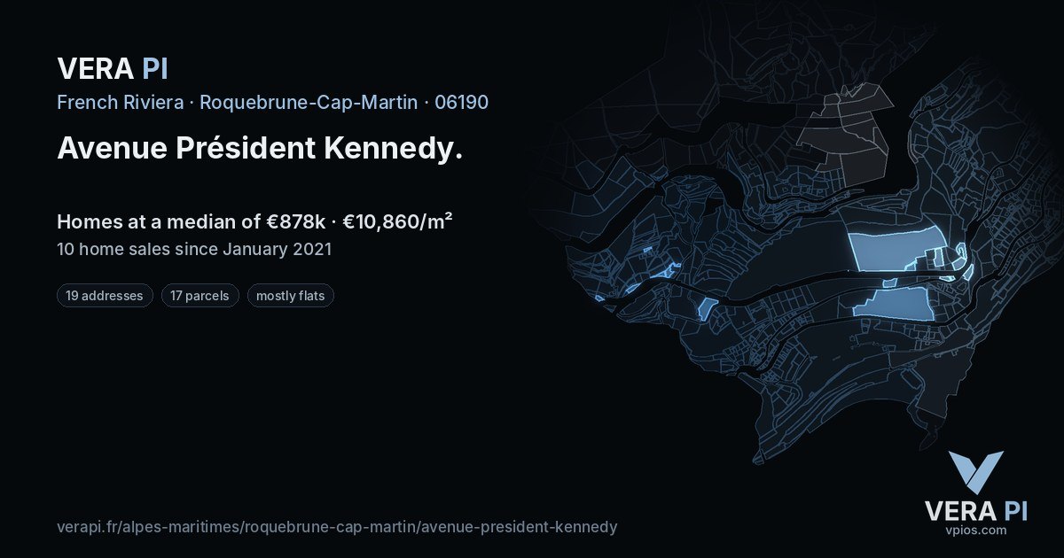 Avenue Président Kennedy, Roquebrune-Cap-Martin at night – every parcel coloured by the prices around it, the street's own parcels lit