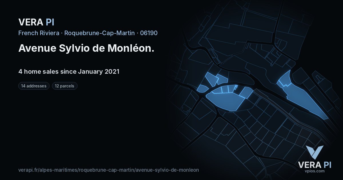 Avenue Sylvio de Monléon, Roquebrune-Cap-Martin at night – every parcel coloured by the prices around it, the street's own parcels lit