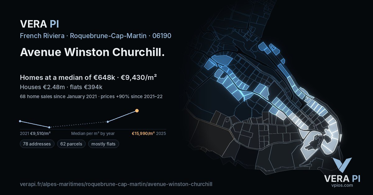 Avenue Winston Churchill, Roquebrune-Cap-Martin at night – every parcel coloured by the prices around it, the street's own parcels lit