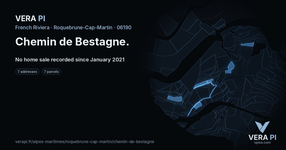Chemin de Bestagne, Roquebrune-Cap-Martin at night – every parcel coloured by the prices around it, the street's own parcels lit