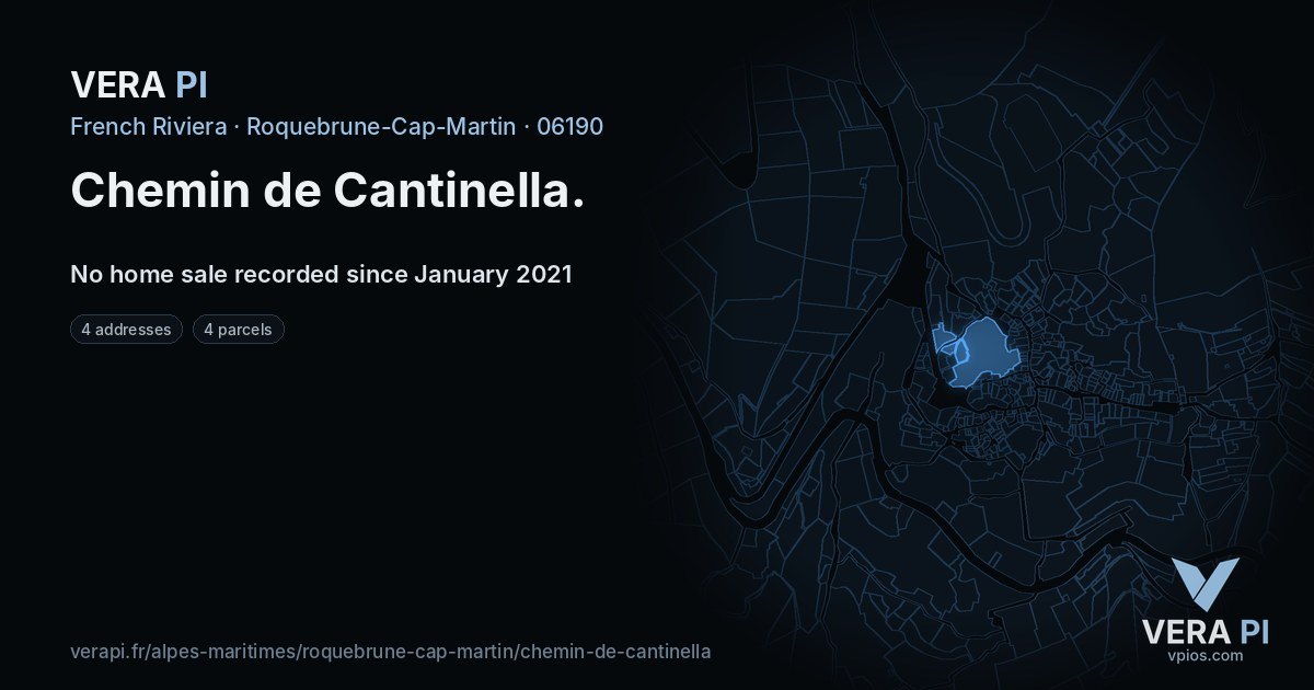 Chemin de Cantinella, Roquebrune-Cap-Martin at night – every parcel coloured by the prices around it, the street's own parcels lit