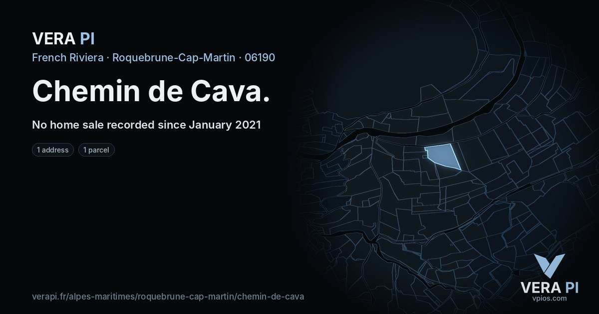 Chemin de Cava, Roquebrune-Cap-Martin at night – every parcel coloured by the prices around it, the street's own parcels lit