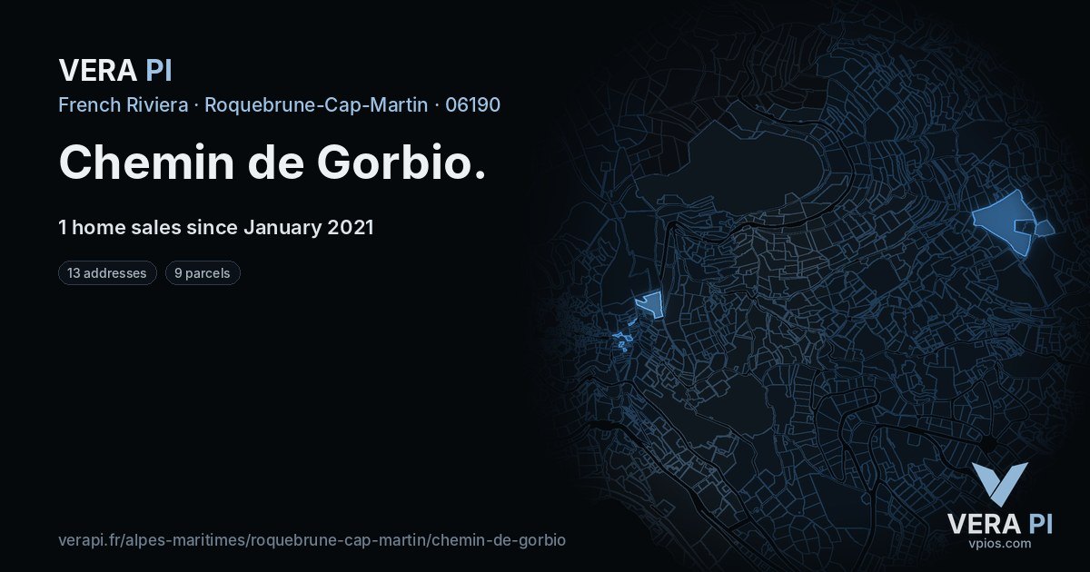 Chemin de Gorbio, Roquebrune-Cap-Martin at night – every parcel coloured by the prices around it, the street's own parcels lit