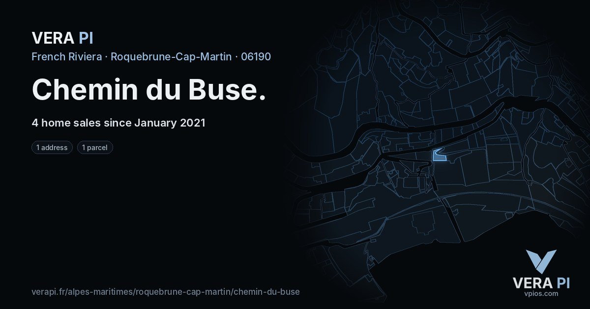 Chemin du Buse, Roquebrune-Cap-Martin at night – every parcel coloured by the prices around it, the street's own parcels lit