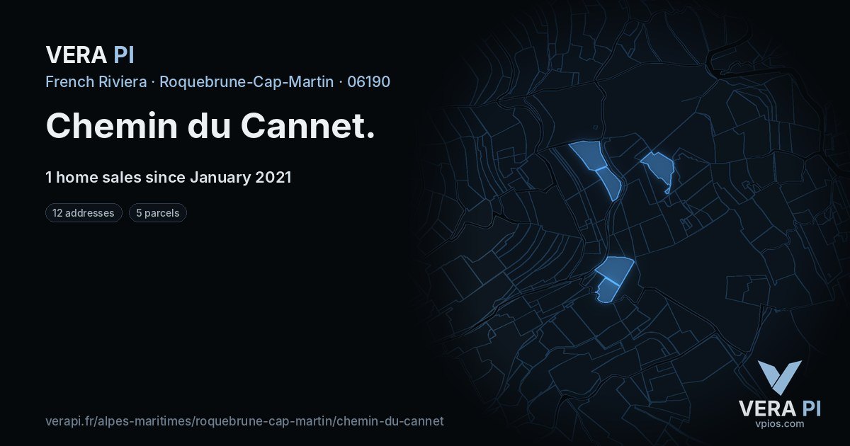 Chemin du Cannet, Roquebrune-Cap-Martin at night – every parcel coloured by the prices around it, the street's own parcels lit