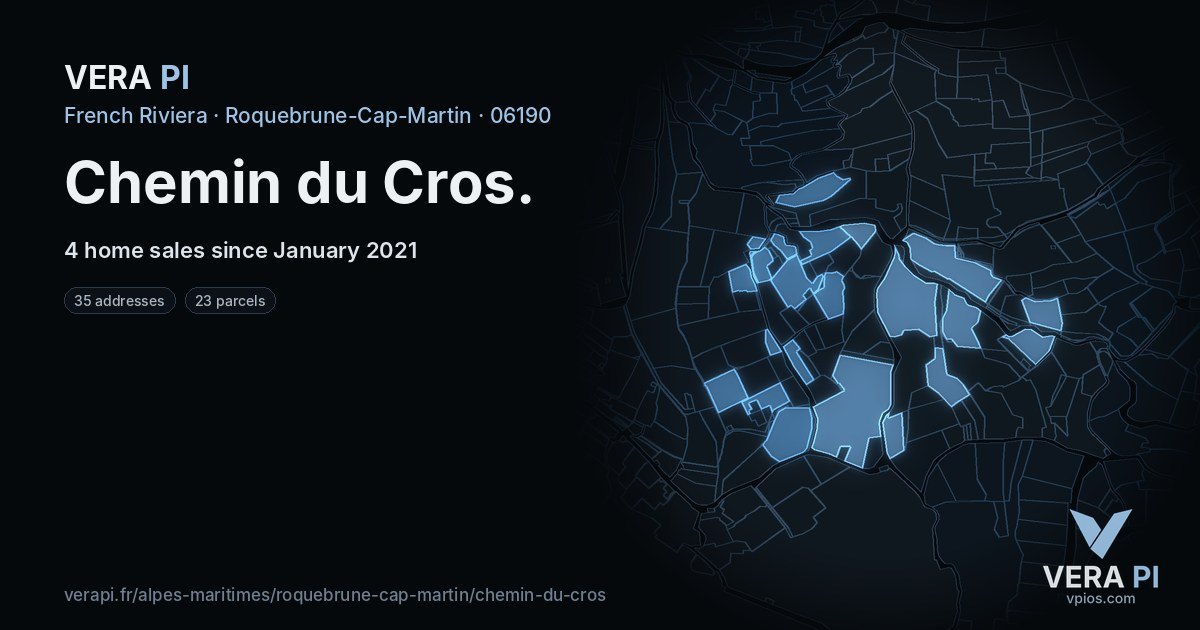 Chemin du Cros, Roquebrune-Cap-Martin at night – every parcel coloured by the prices around it, the street's own parcels lit