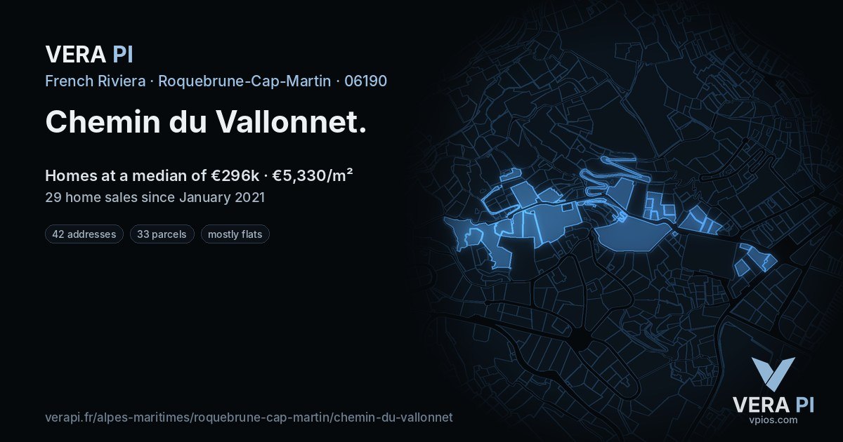 Chemin du Vallonnet, Roquebrune-Cap-Martin at night – every parcel coloured by the prices around it, the street's own parcels lit