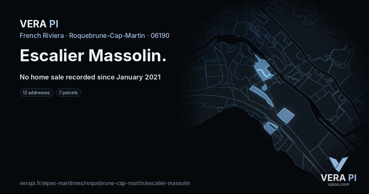 Escalier Massolin, Roquebrune-Cap-Martin at night – every parcel coloured by the prices around it, the street's own parcels lit
