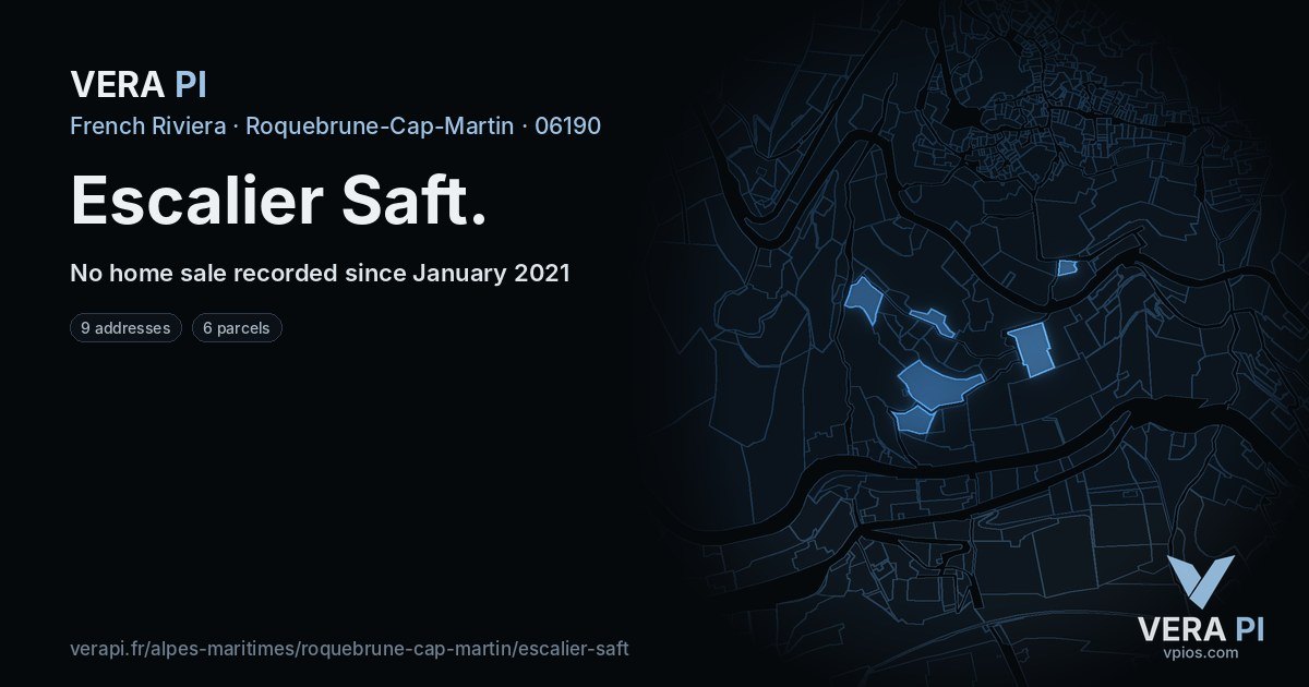 Escalier Saft, Roquebrune-Cap-Martin at night – every parcel coloured by the prices around it, the street's own parcels lit