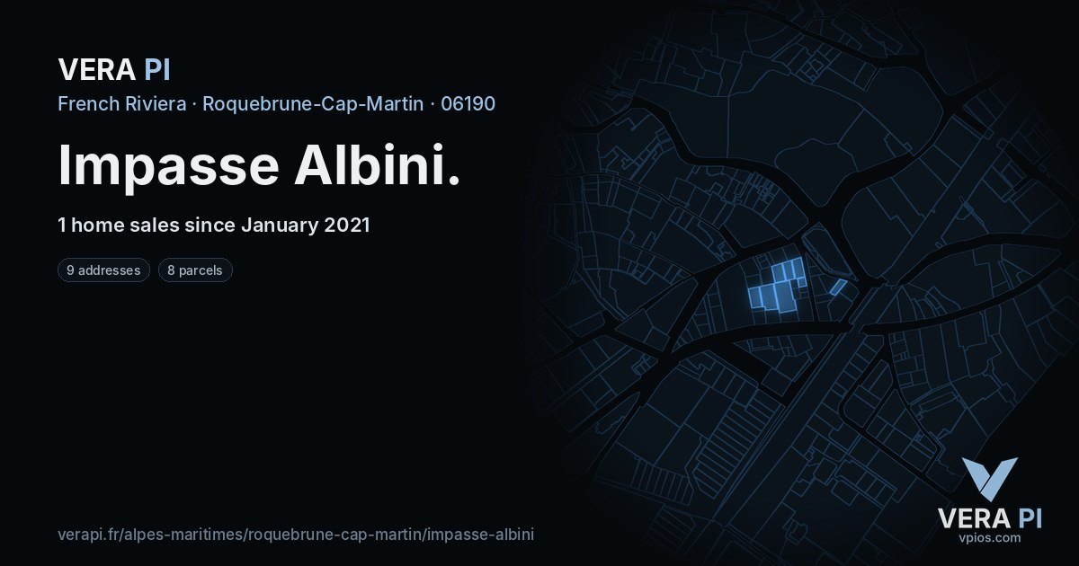 Impasse Albini, Roquebrune-Cap-Martin at night – every parcel coloured by the prices around it, the street's own parcels lit
