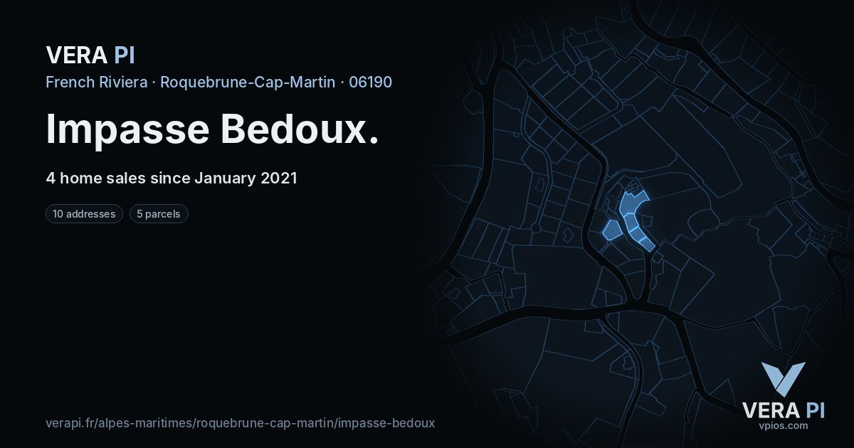 Impasse Bedoux, Roquebrune-Cap-Martin at night – every parcel coloured by the prices around it, the street's own parcels lit