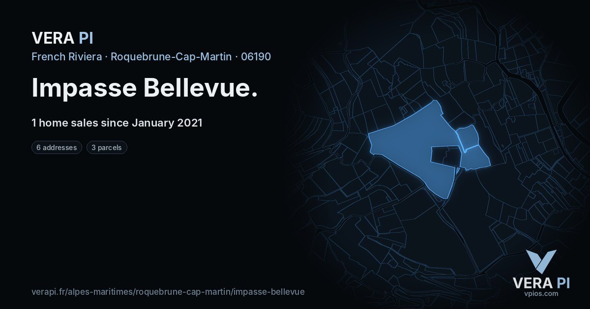 Impasse Bellevue, Roquebrune-Cap-Martin at night – every parcel coloured by the prices around it, the street's own parcels lit