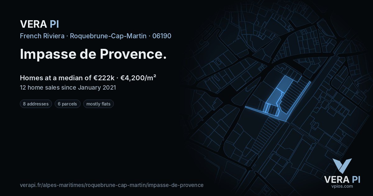 Impasse de Provence, Roquebrune-Cap-Martin at night – every parcel coloured by the prices around it, the street's own parcels lit