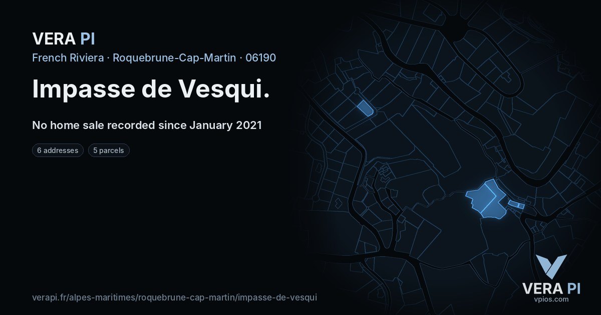 Impasse de Vesqui, Roquebrune-Cap-Martin at night – every parcel coloured by the prices around it, the street's own parcels lit