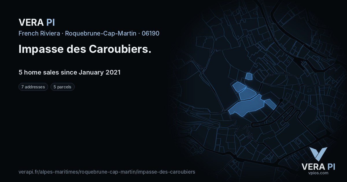 Impasse des Caroubiers, Roquebrune-Cap-Martin at night – every parcel coloured by the prices around it, the street's own parcels lit