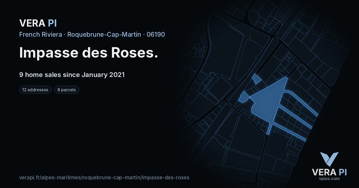 Impasse des Roses, Roquebrune-Cap-Martin at night – every parcel coloured by the prices around it, the street's own parcels lit