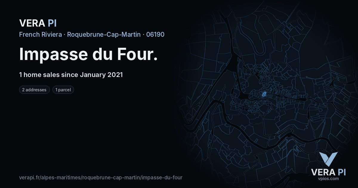 Impasse du Four, Roquebrune-Cap-Martin at night – every parcel coloured by the prices around it, the street's own parcels lit