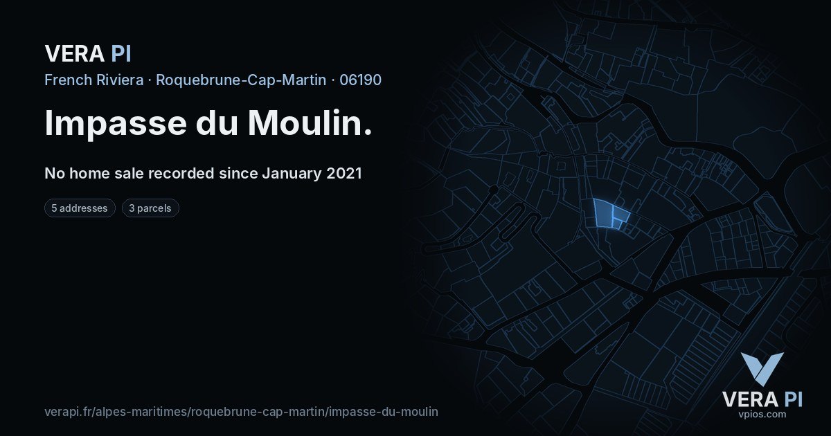 Impasse du Moulin, Roquebrune-Cap-Martin at night – every parcel coloured by the prices around it, the street's own parcels lit