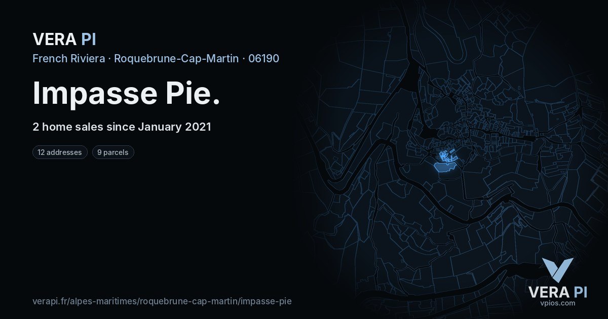 Impasse Pie, Roquebrune-Cap-Martin at night – every parcel coloured by the prices around it, the street's own parcels lit