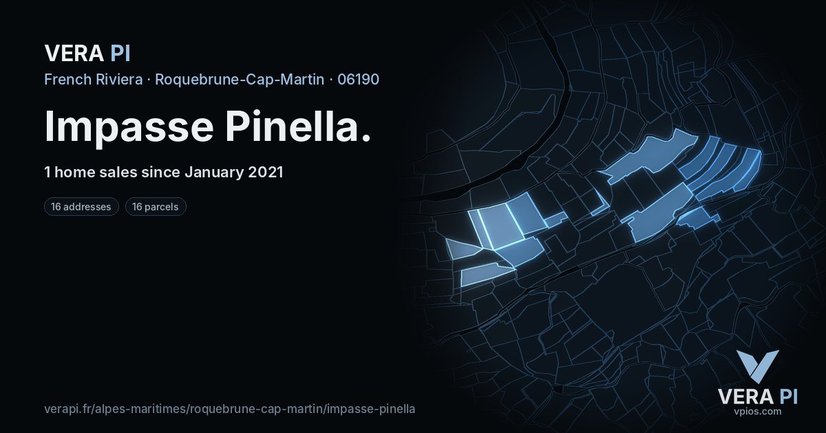 Impasse Pinella, Roquebrune-Cap-Martin at night – every parcel coloured by the prices around it, the street's own parcels lit
