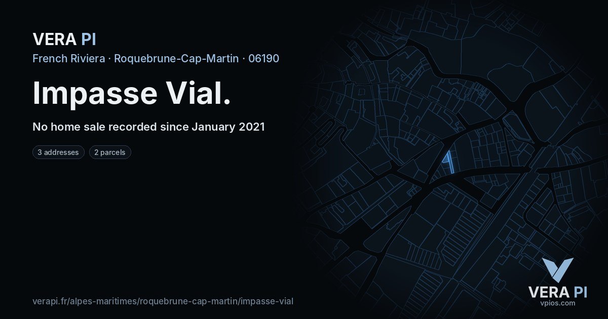 Impasse Vial, Roquebrune-Cap-Martin at night – every parcel coloured by the prices around it, the street's own parcels lit