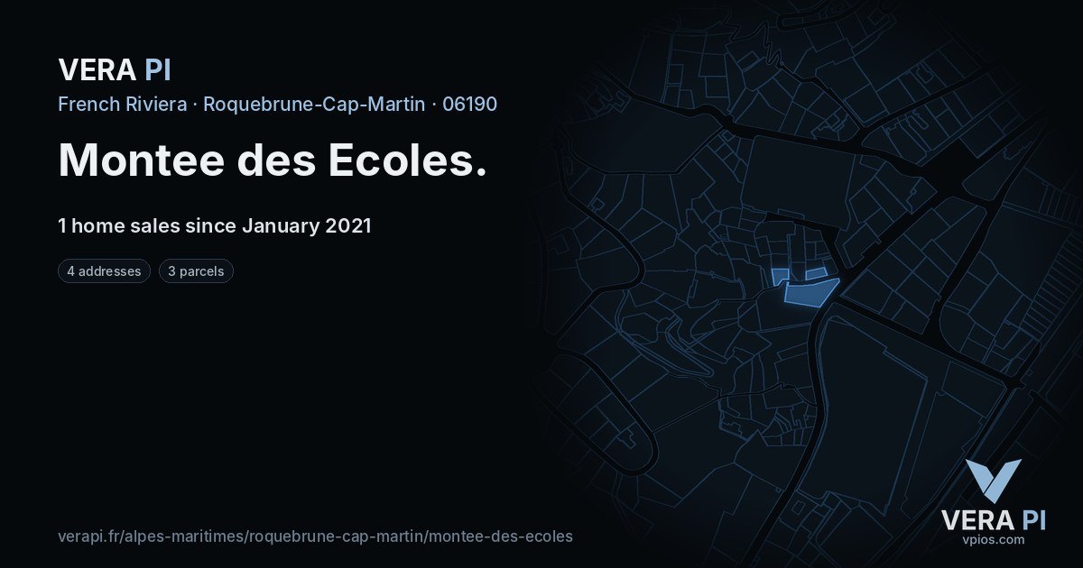Montee des Ecoles, Roquebrune-Cap-Martin at night – every parcel coloured by the prices around it, the street's own parcels lit