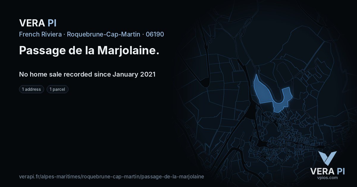 Passage de la Marjolaine, Roquebrune-Cap-Martin at night – every parcel coloured by the prices around it, the street's own parcels lit