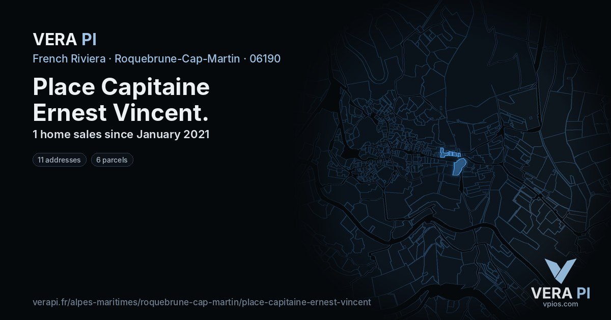 Place Capitaine Ernest Vincent, Roquebrune-Cap-Martin at night – every parcel coloured by the prices around it, the street's own parcels lit