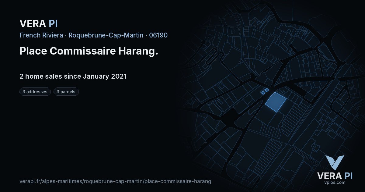 Place Commissaire Harang, Roquebrune-Cap-Martin at night – every parcel coloured by the prices around it, the street's own parcels lit