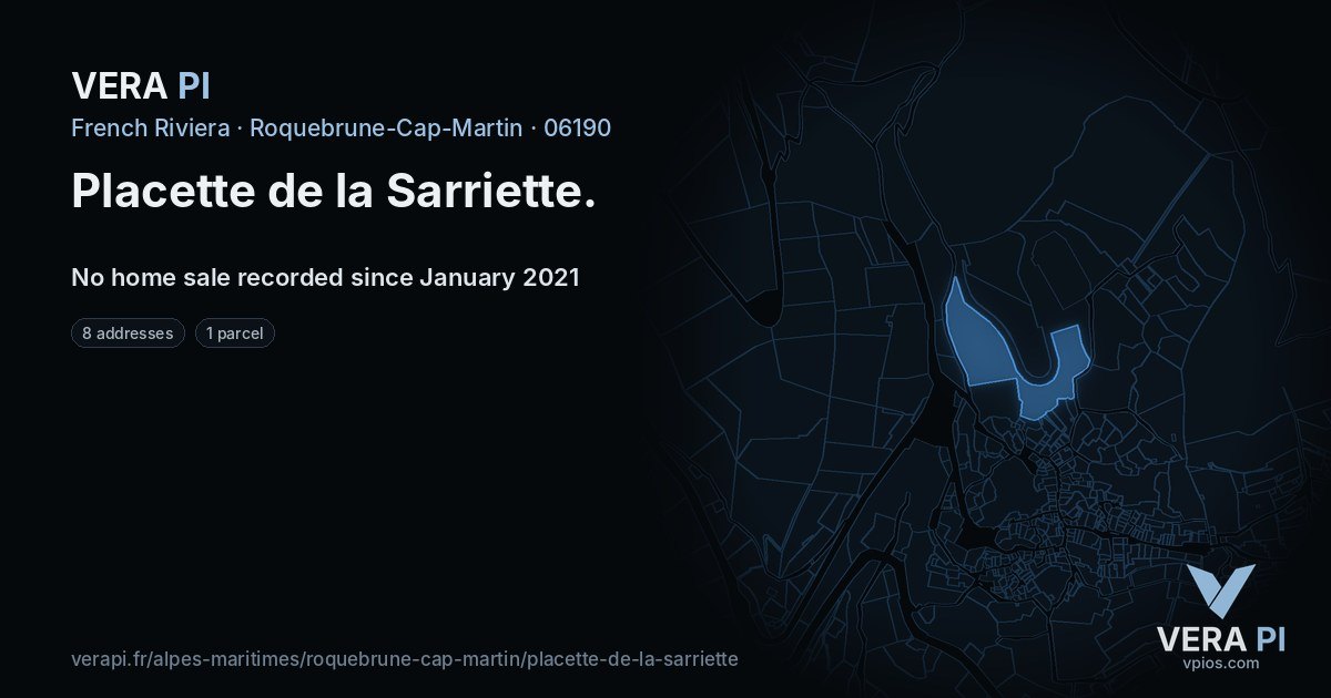 Placette de la Sarriette, Roquebrune-Cap-Martin at night – every parcel coloured by the prices around it, the street's own parcels lit