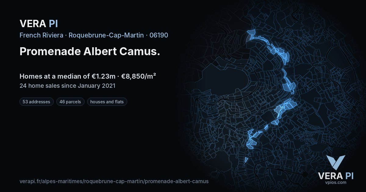 Promenade Albert Camus, Roquebrune-Cap-Martin at night – every parcel coloured by the prices around it, the street's own parcels lit