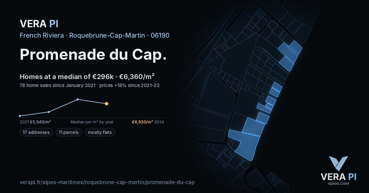 Promenade du Cap, Roquebrune-Cap-Martin at night – every parcel coloured by the prices around it, the street's own parcels lit